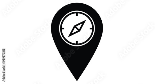 Black and white icon of a location pin with a compass inside