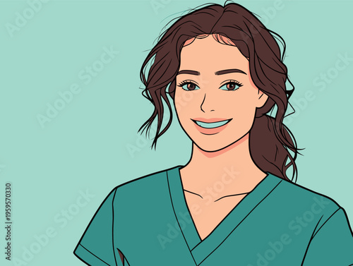 Smiling woman in medical scrubs stands against a light background showing professionalism in healthcare