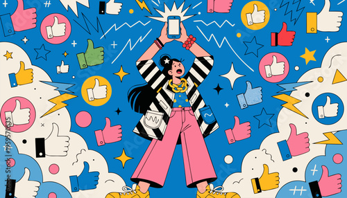 Energetic Young Woman Celebrating Social Media Success and Viral Engagement with Smartphone and Like Icons Vector Illustration for Digital Marketing and Influencer Lifestyle