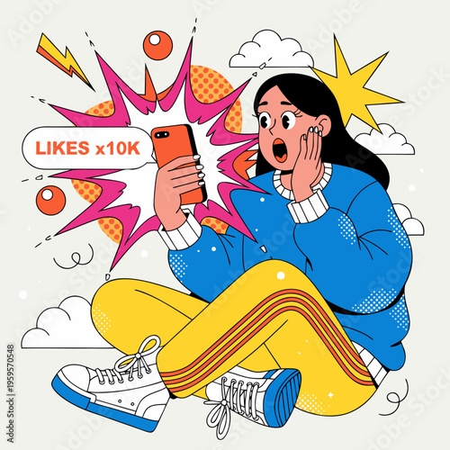 Shocked Social Media Influencer with Viral 10K Likes Notification on Smartphone for Digital Marketing Success, Content Engagement, and Viral Growth Concepts