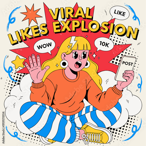 Viral Likes Explosion Vector Illustration Featuring Young Influencer with Smartphone for Social Media Growth and Digital Marketing Success Concepts