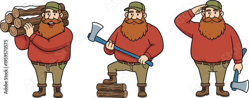 Cartoon lumberjack bearded man carrying logs, holding axe, saluting in multiple poses for forestry and timber work illustration