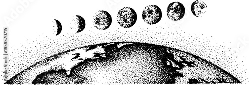 Planet earth and moon phases in black and white stipple design for cosmic art