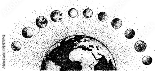 Planet earth with moon phases arc in black and white stipple design for print and poster