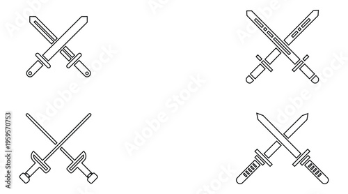 Crossed sword line icon set, pirate saber scimitar sword saber weapon icon outline vector illustration