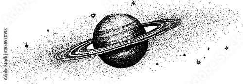 Planet saturn with stars and rings in black and white stippling for vintage design