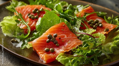 A delicious plate of smoked salmon salad with capers and lettuce leaves on a dark brown plate