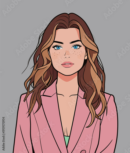 Young woman with long hair wearing a pink blazer in a simple background presenting a confident expression and style