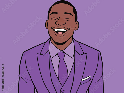 Young man in formal purple suit smiles widely, captured during a happy moment