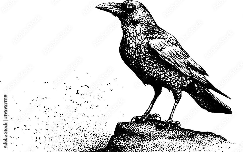 Obraz premium Black and white raven stippling art standing on rock for vintage design concepts