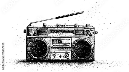 Retro boombox stereo black and white stippling illustration for vintage music design