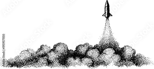 Rocket launching upward with smoke in vintage stipple art style for posters or designs