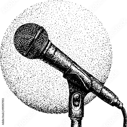 Retro microphone with stand in black and white stippling for vintage music design