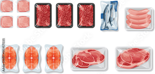 Cartoon packaged meat and fish products including ham, beef, salmon, steak, sausages in colorful vector food illustration