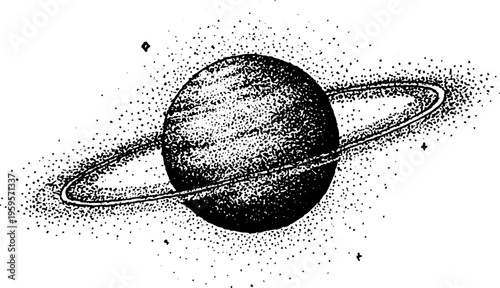 Space exploration scene with satellite orbiting ringed planet in black and white stippling art