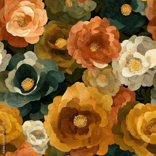 Seamless retro bohemian floral pattern with 70s mustard, burnt orange, and olive tones, digital artwork