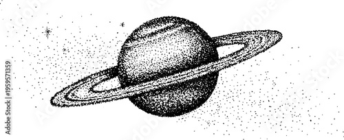 Saturn planet with star field in black and white stippling design for astronomy posters
