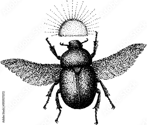 Ancient egyptian scarab beetle with sun disk in black and white stipple art