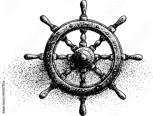Nautical ship wheel with mandala circle frame in stipple design for vintage decor