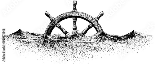 Vintage ship wheel and ocean wave circle frame in black and white stipple art