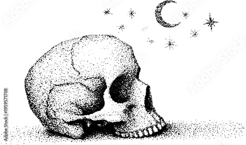 Mystical skull with crescent moon and stars in black and white dotwork for vintage design