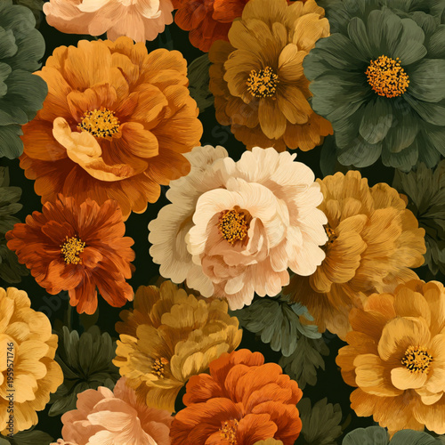 Seamless retro bohemian floral pattern with 70s mustard, burnt orange, and olive tones, digital artwork