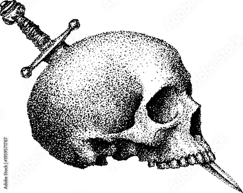 Vintage skull with piercing dagger in stippling effect for artistic design