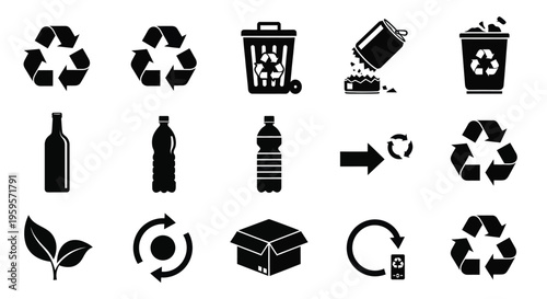 Recycling symbols and waste containers a collection of black icons on white