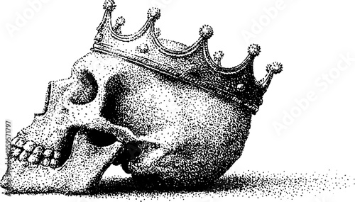 Regal skull with crown in black and white stippling art for vintage design