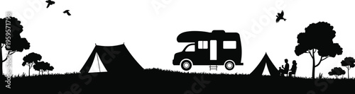 Camping silhouette illustration, outdoor recreation icons with tents, camper van, canoe, trees, birds, and people at table, nature leisure theme, vector art, black isolated bold design
