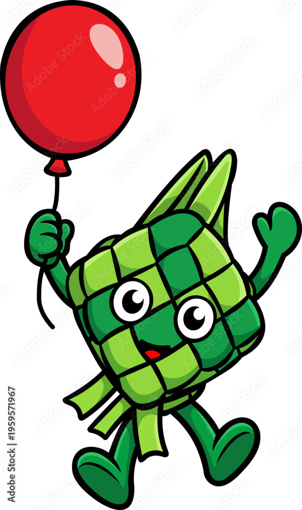 Obraz premium green Ramadan ketupat cartoon vector jumping holding balloon