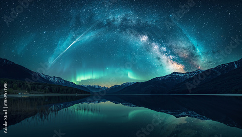 Foto オーロラの気配と流星が彩る湖と山の幻想夜景