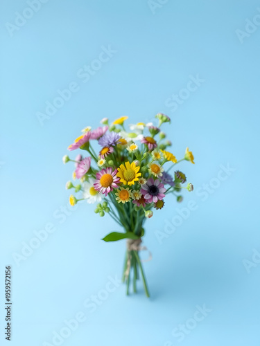 Small bouquet of miniature wildflowers on blue background in the centre, copyspace for summer and wedding design. Boutonniere from clover and mouse pease