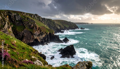 Dramatic Coastal Cliffs with Crashing Waves Under a Moody Sky.