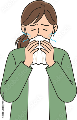 Cartoon person sneezing into tissue with hygiene and illness prevention concept in colorful vector health illustration