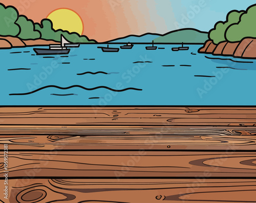 Sunset over the water with boats in the distance and a wooden dock in the foreground