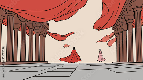 Two figures walk in a vast space with red flowing fabric and ancient columns under a clear sky in a stylized scene