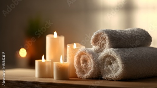 Serene spa scene; glowing candles beside rolled white towels. A small plant adds greenery. Warm, soft lighting creates a calming atmosphere