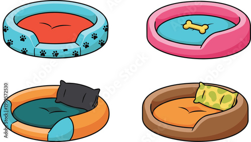 Cartoon pet beds with cushions, pillows, paw prints, and toys in colorful vector illustration for animals and pets