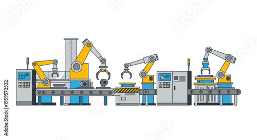 Industrial robotic assembly line with multiple robotic arms and machinery on a gray and blue metal framework against a plain white background.