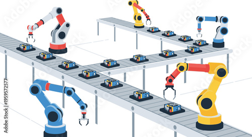 Illustration of robotic arms working on an assembly line with various colored machinery and equipment on a white background.