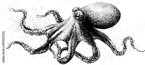 Steampunk octopus with mechanical tentacles in black and white dotwork design