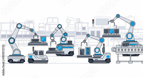 Industrial robots performing manufacturing tasks on a production line with a factory background in a technological and industrial mood.