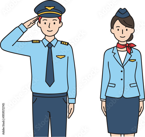 Cartoon pilot and flight attendant in professional airline uniforms standing together with salute and friendly gesture illustration