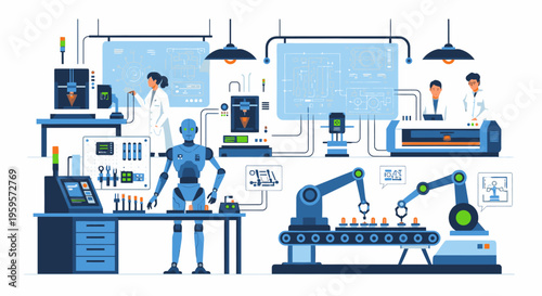 Illustration of a robot and industrial machinery in a futuristic laboratory setting with a blue and white color scheme and a focus on technology and manufacturing processes.