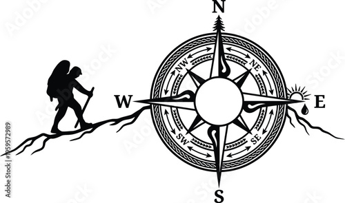 Adventurous hiker explores the wilderness with a compass rose guiding the path forward for travel