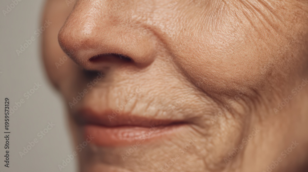 Fototapeta premium Close-up facial skin of elderly woman, subtle wrinkles and fine lines, clean minimal background, soft warm light, realistic aging beauty, cinematic realism, 8k