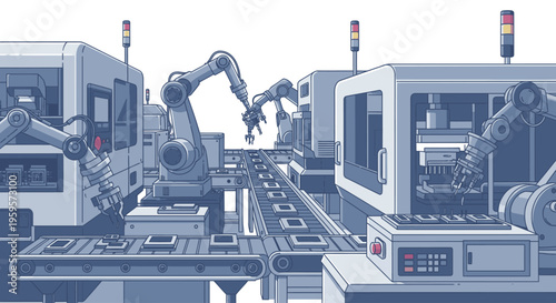 Industrial robotic arms working on a production line with machinery and equipment in a factory setting with a monochromatic blue and gray color scheme.