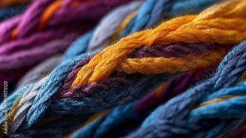 Close-up of intertwined colorful threads, showing rich texture and varied hues, suggesting craftwork or textile art