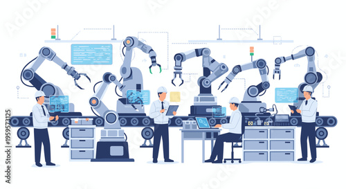Illustration of industrial workers operating robotic arms and computer terminals in a modern factory setting with a technological and industrial mood.